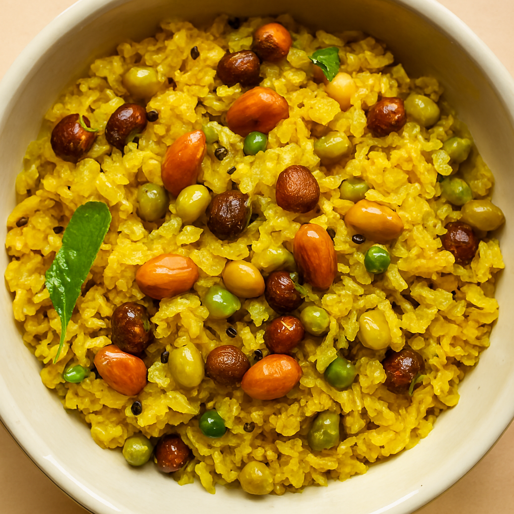 A bowl of golden poha with roasted peanuts, green mung beans, black chickpeas, and curry leaves, served in a traditional Indian bowl.