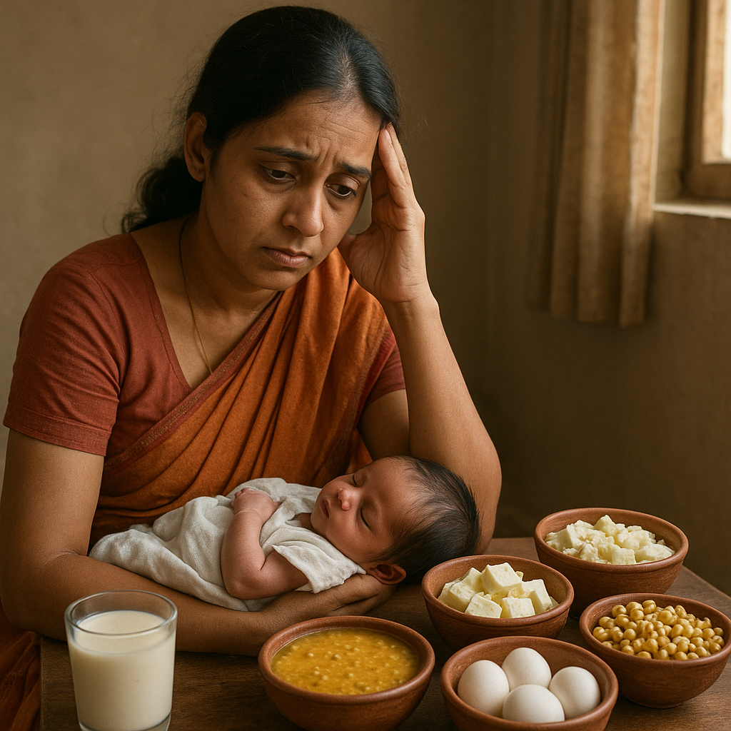 A tired Indian mother holding her newborn baby, sitting beside bowls of protein-rich foods like dal, paneer, eggs, milk, and sprouts, symbolizing protein deficiency in postpartum women.