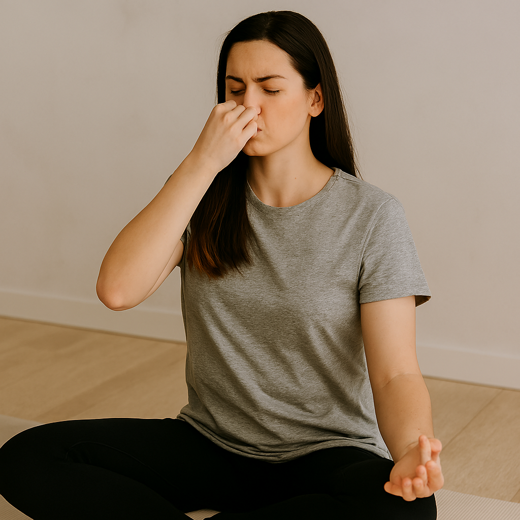 A woman practices Anulom Vilom pranayama seated cross-legged on a beige yoga mat, with her hand raised to her nose and eyes closed in focused breathwork. She wears a gray T-shirt and black leggings in a softly lit room.