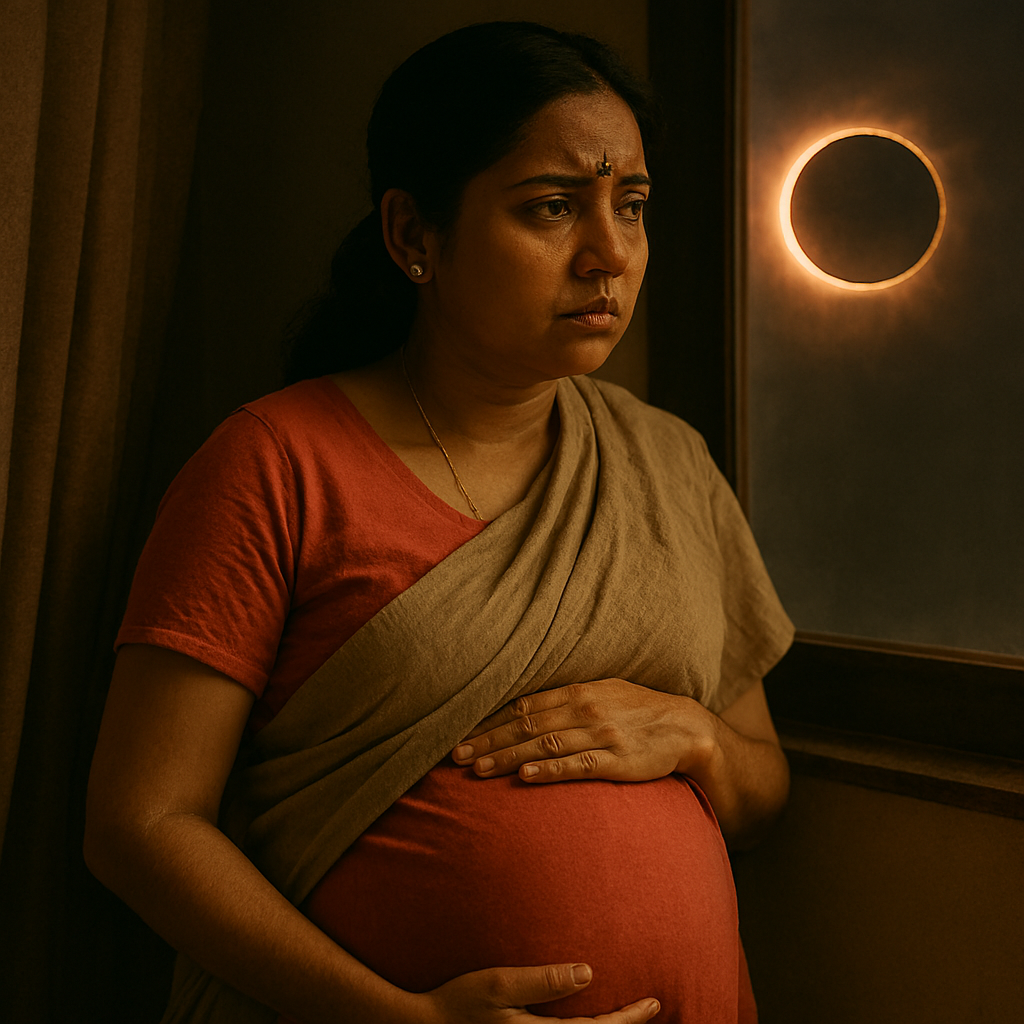 A pregnant South Asian woman stands indoors, gently holding her belly while gazing at a solar eclipse through a window, her expression reflecting concern and cultural reverence.
