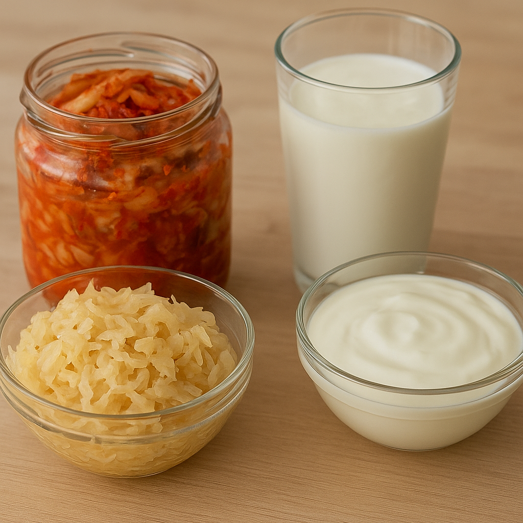 Glass bowls and jars containing sauerkraut, kimchi, kefir, and yogurt arranged on a wooden surface, showcasing probiotic-rich foods.