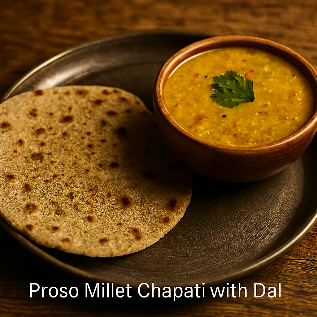 Dark metal plate with a Proso Millet chapati and a rustic bowl of yellow dal garnished with cilantro, placed on a wooden surface.