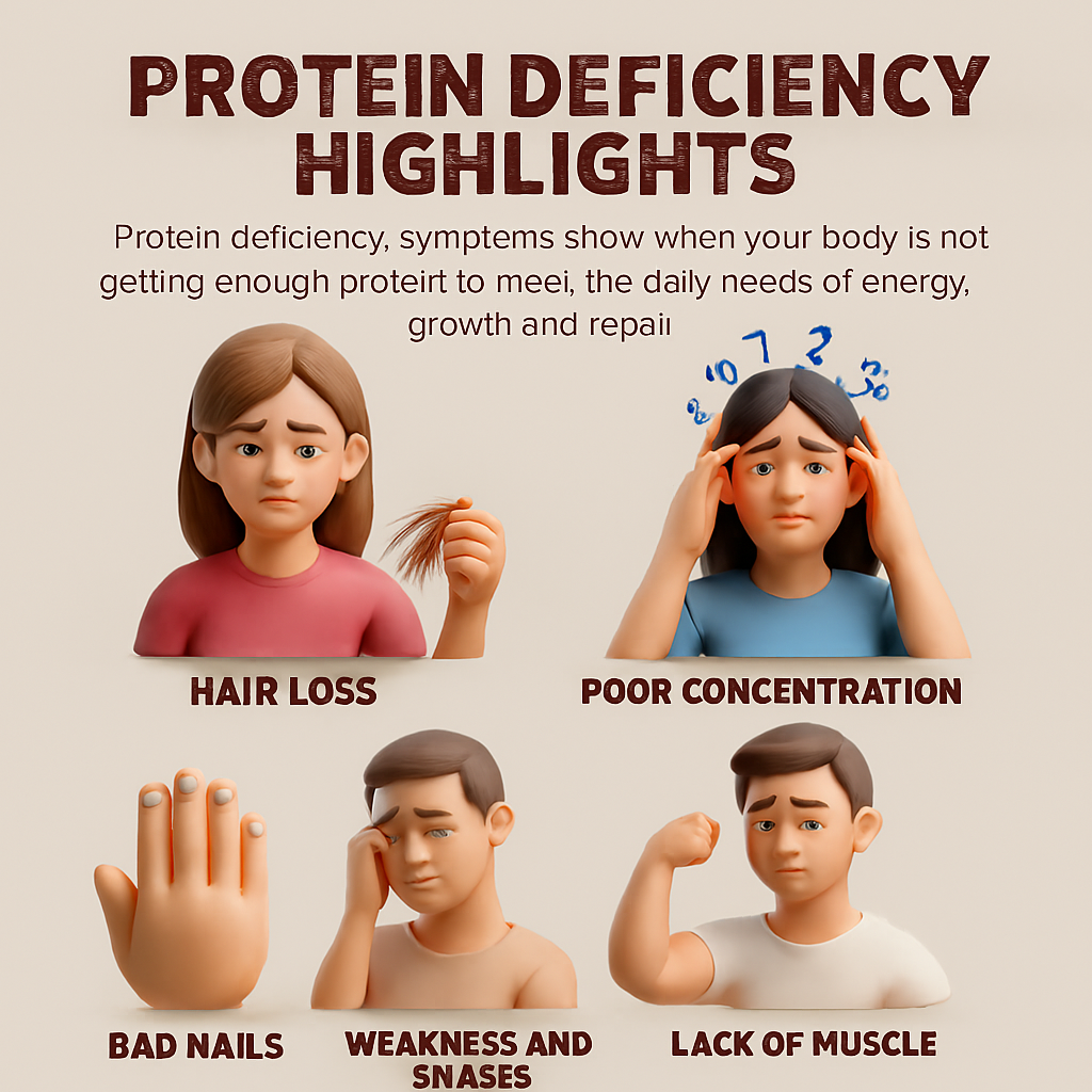 3D-rendered infographic showing five realistic symptoms of protein deficiency: hair loss, poor concentration, bad nails, weakness and fatigue, and lack of muscle. Each symptom is illustrated with lifelike characters and labeled clearly on a beige background.
