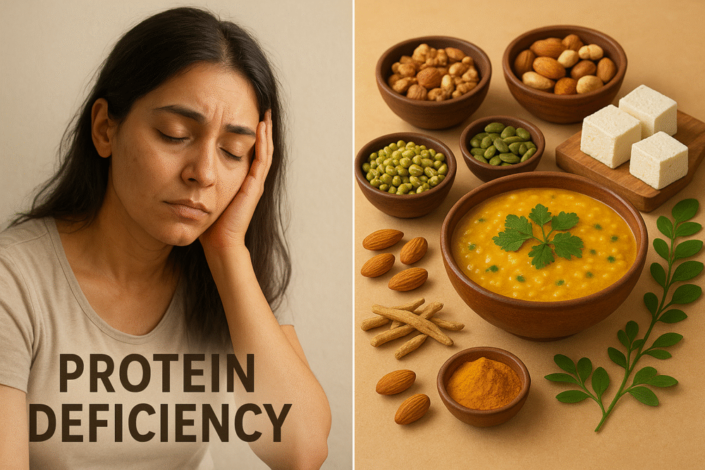 A split realistic image showing a tired woman with dull skin on the left symbolizing protein deficiency, and on the right, vibrant Indian protein-rich foods like dal, sprouts, paneer, nuts, seeds, and Ayurvedic herbs.
