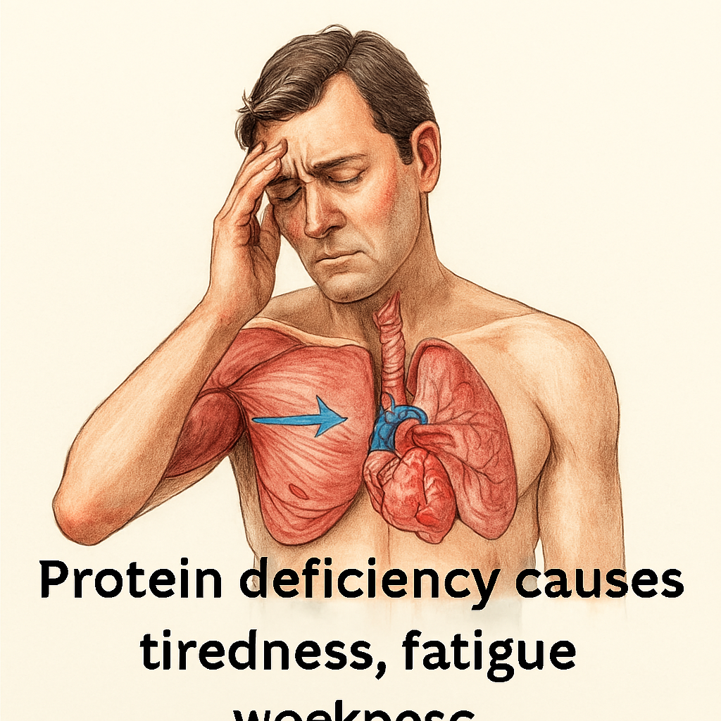 Realistic anatomical illustration of a fatigued man with visible internal organs—highlighting muscle breakdown, heart, and lungs—to depict symptoms of protein deficiency such as tiredness, fatigue, and weakness.