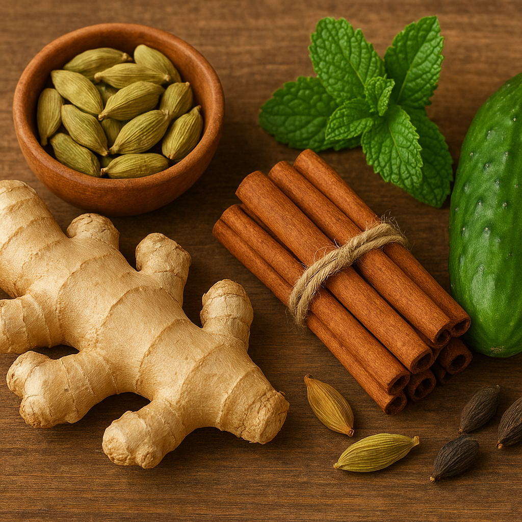 A rustic arrangement of ginger root, cinnamon sticks, cardamom pods, fresh mint leaves, and cucumber on a wooden surface.