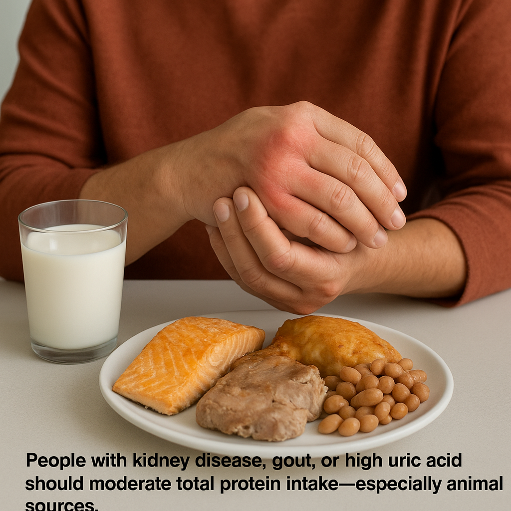 Person with inflamed hand due to gout sitting at a table with a plate of protein-rich foods like fish, meat, beans, and a glass of milk.