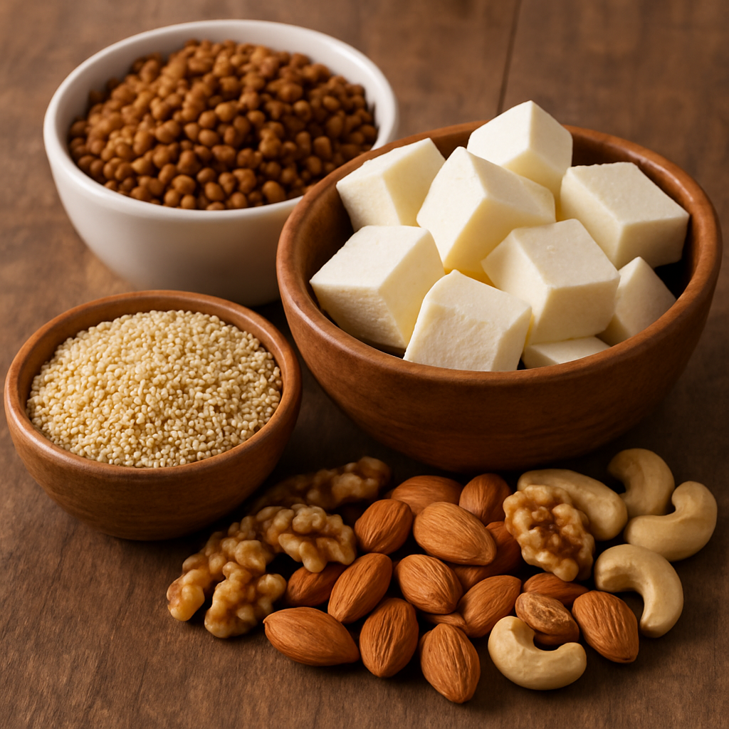 A wooden surface with bowls of lentils, paneer cubes, and quinoa, surrounded by almonds, cashews, and walnuts.