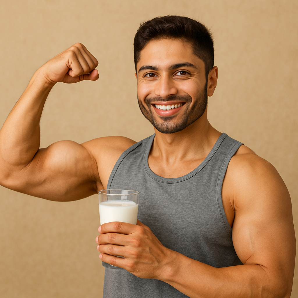 A smiling muscular man in a grey tank top flexes his bicep while holding a glass of milk, symbolizing protein’s role in growth, tissue repair, immunity, and energy.
