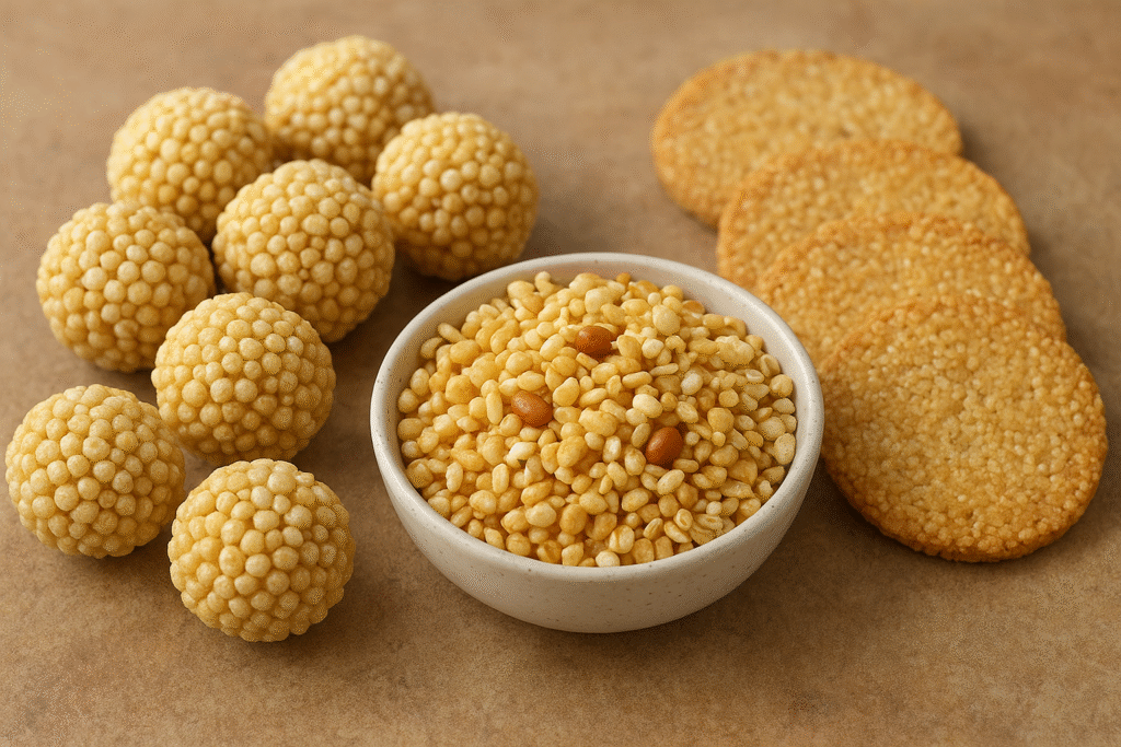 A close-up view of puffed millet laddoos, millet crackers, and puffed millet bhel in a bowl arranged on a brown textured surface.