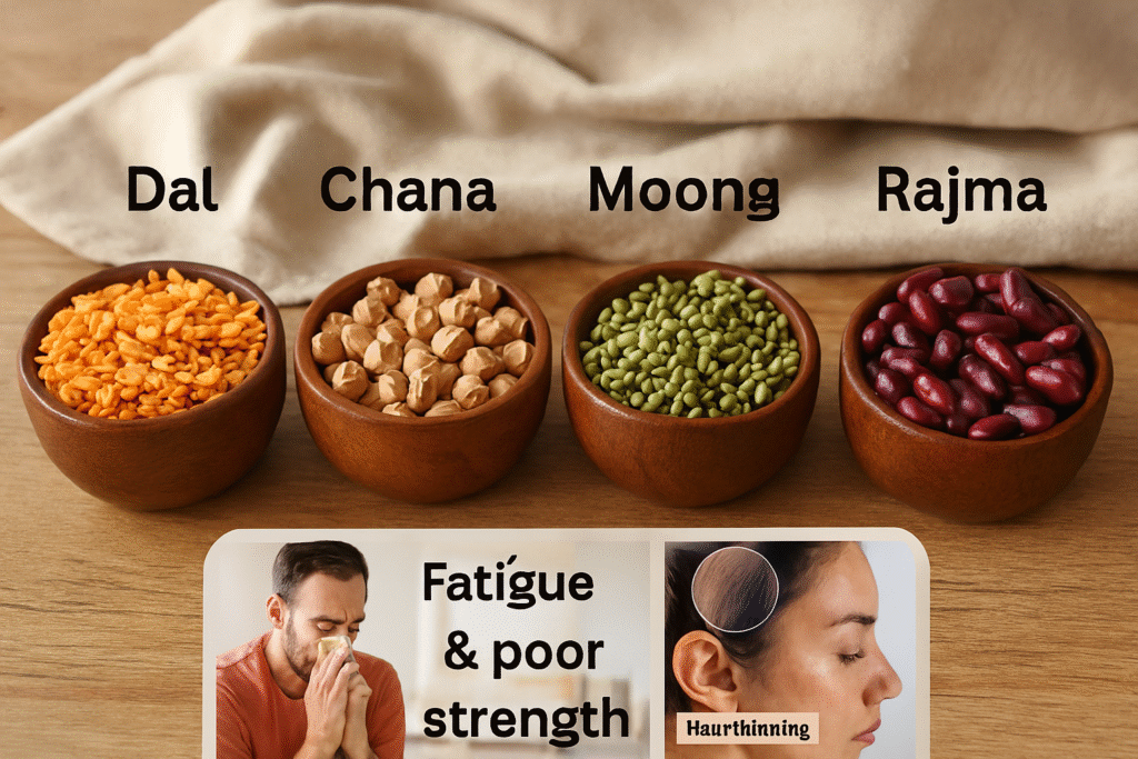 Four wooden bowls filled with Dal (orange lentils), Chana (chickpeas), Moong (green mung beans), and Rajma (kidney beans) arranged on a wooden surface with a linen cloth in the background, labeled as protein sources.