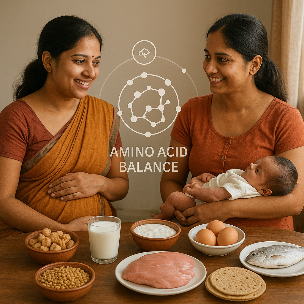 Two Indian women, one pregnant and one postpartum with her baby, sitting at a table with protein-rich foods like soya, eggs, milk, chicken, fish, curd, and millet roti, with an amino acid balance diagram overlay.