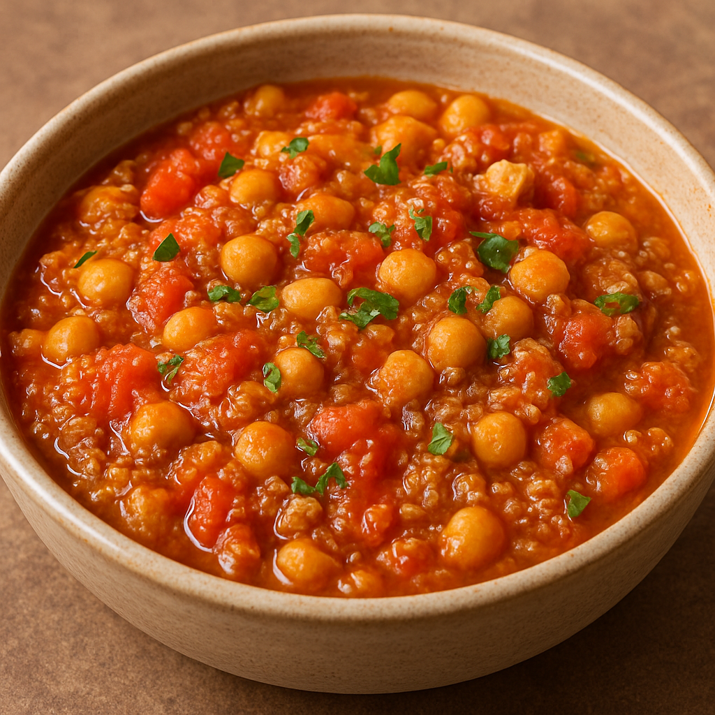 A rustic bowl filled with quinoa-chickpea tomato stew, featuring tender chickpeas, diced tomatoes, and fresh parsley garnish.