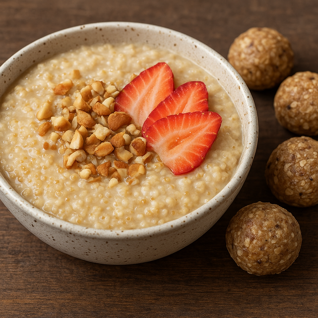 A bowl of quinoa porridge topped with strawberries and chopped nuts, placed beside homemade energy balls on a wooden surface