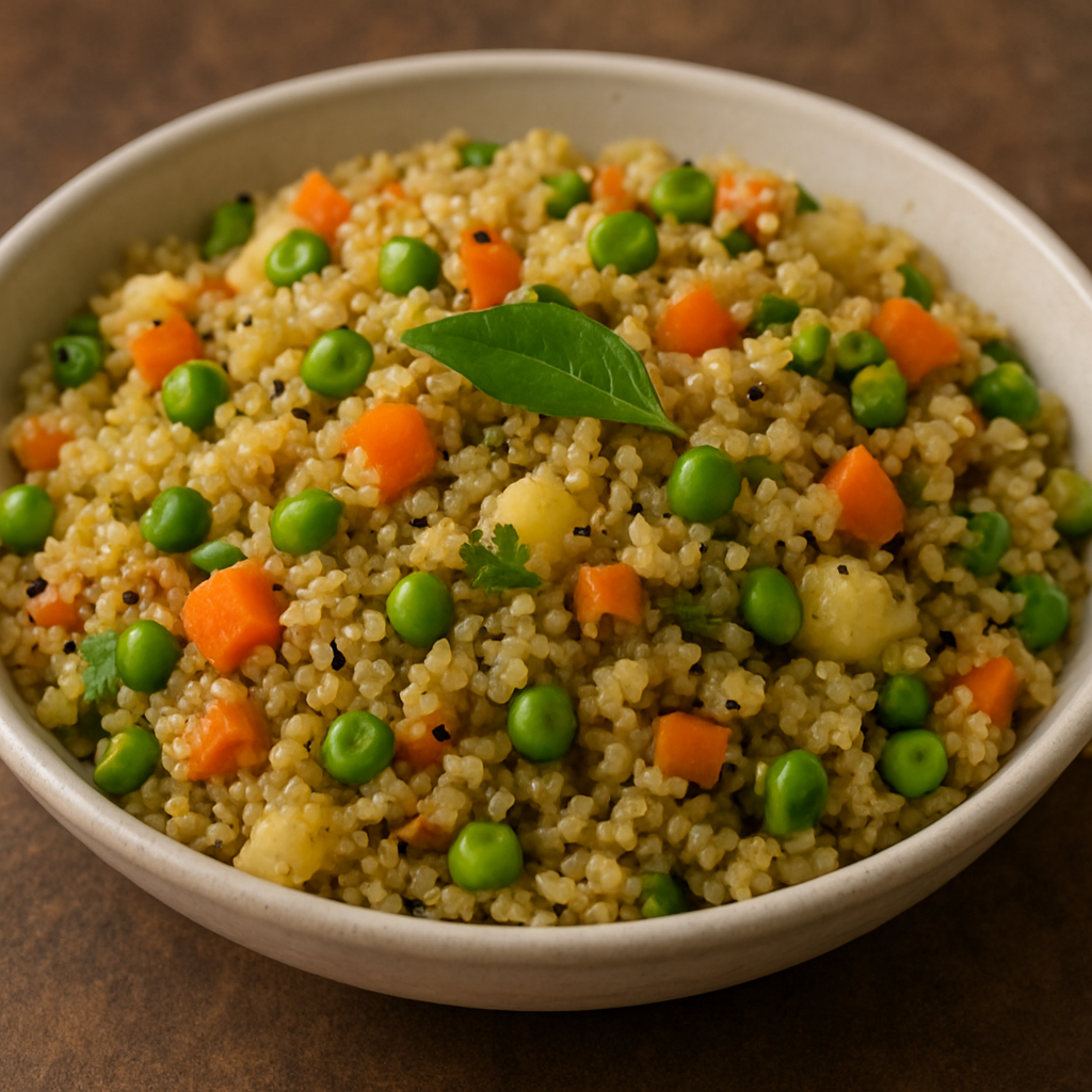 Bowl of quinoa upma garnished with curry leaves, carrots, peas, and potatoes.