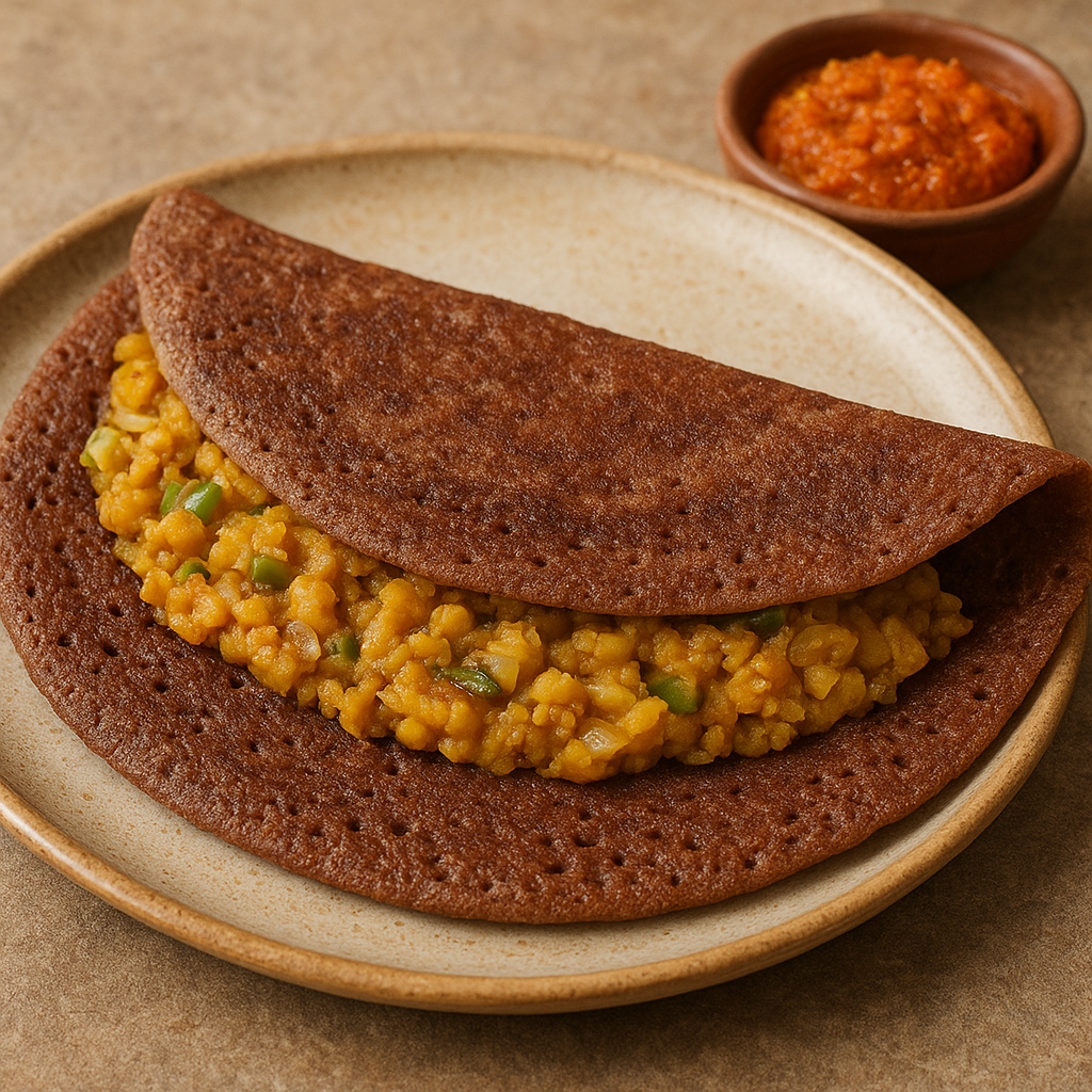 Close-up of a ragi dosa folded over a golden lentil filling, served on a ceramic plate with chutney in a small bowl.
