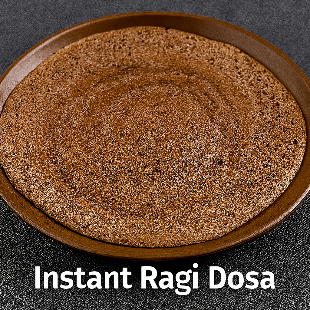 A round, dark brown Instant Ragi Dosa with a porous texture and concentric patterns, served on a brown ceramic plate against a dark gray fabric background. White text reads “Instant Ragi Dosa.”