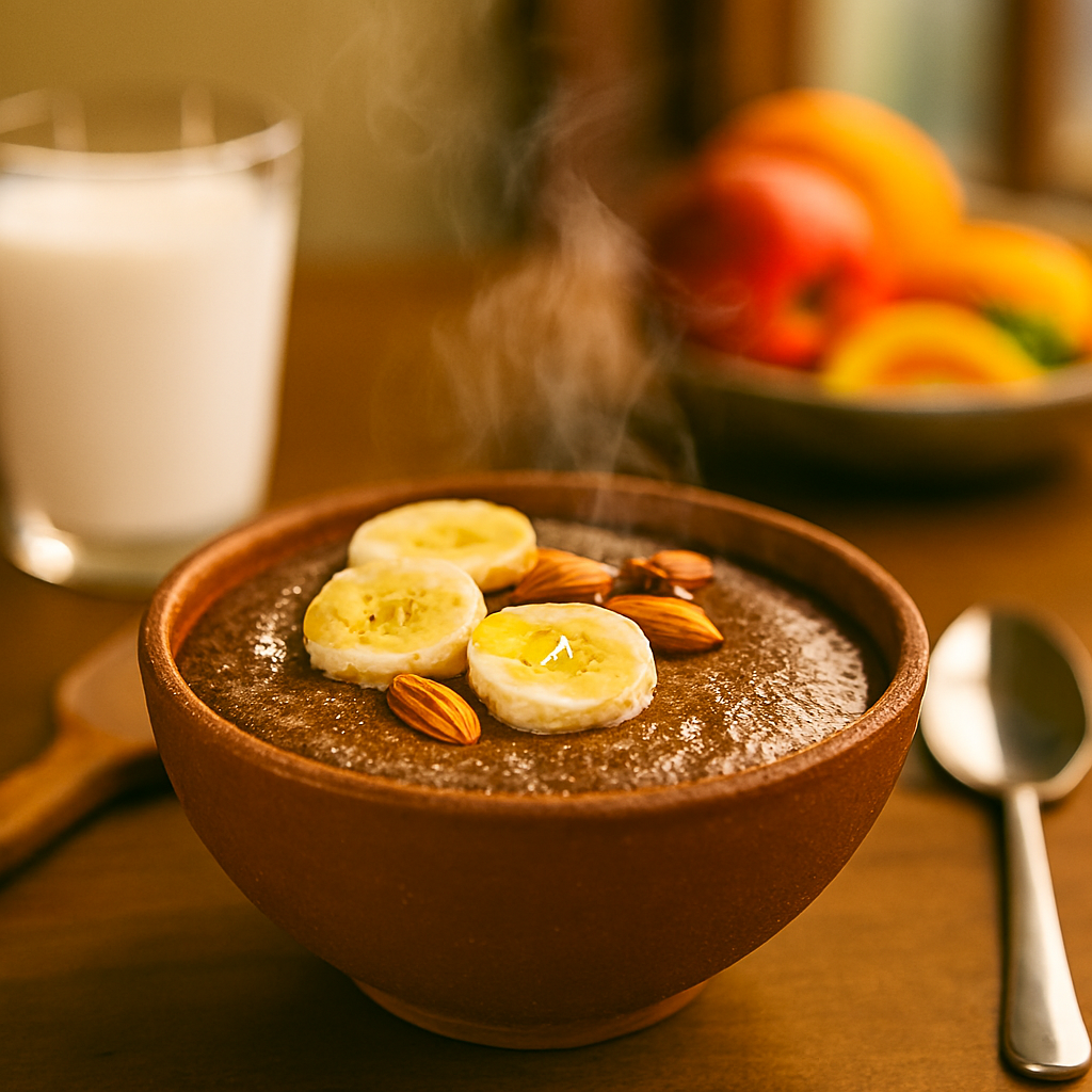 Steaming bowl of Ragi Malt porridge topped with banana slices, almonds, and honey, placed on a rustic wooden table with a spoon beside it; in the softly lit background, a glass of milk and fresh fruits evoke a cozy, nutritious breakfast scene.