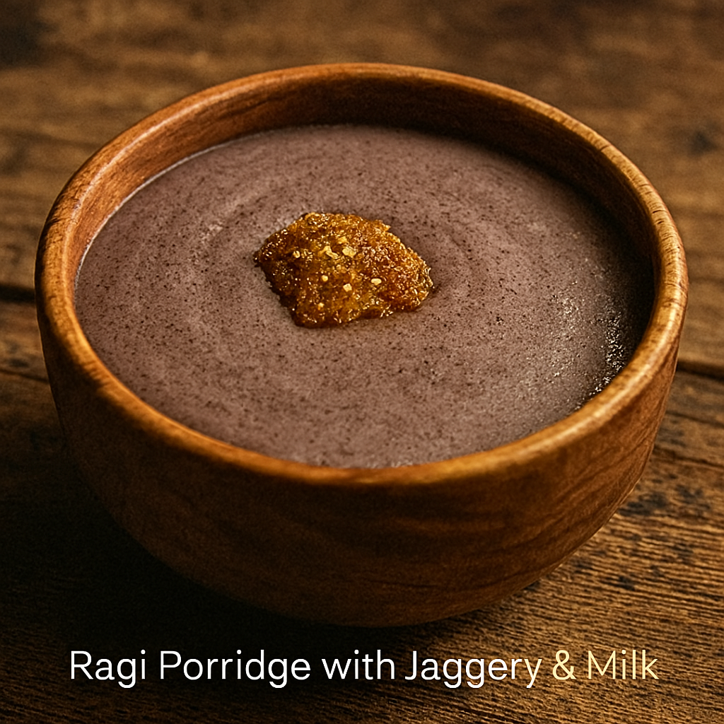Rustic wooden bowl filled with creamy ragi porridge topped with a golden jaggery piece, placed on a textured wooden surface.