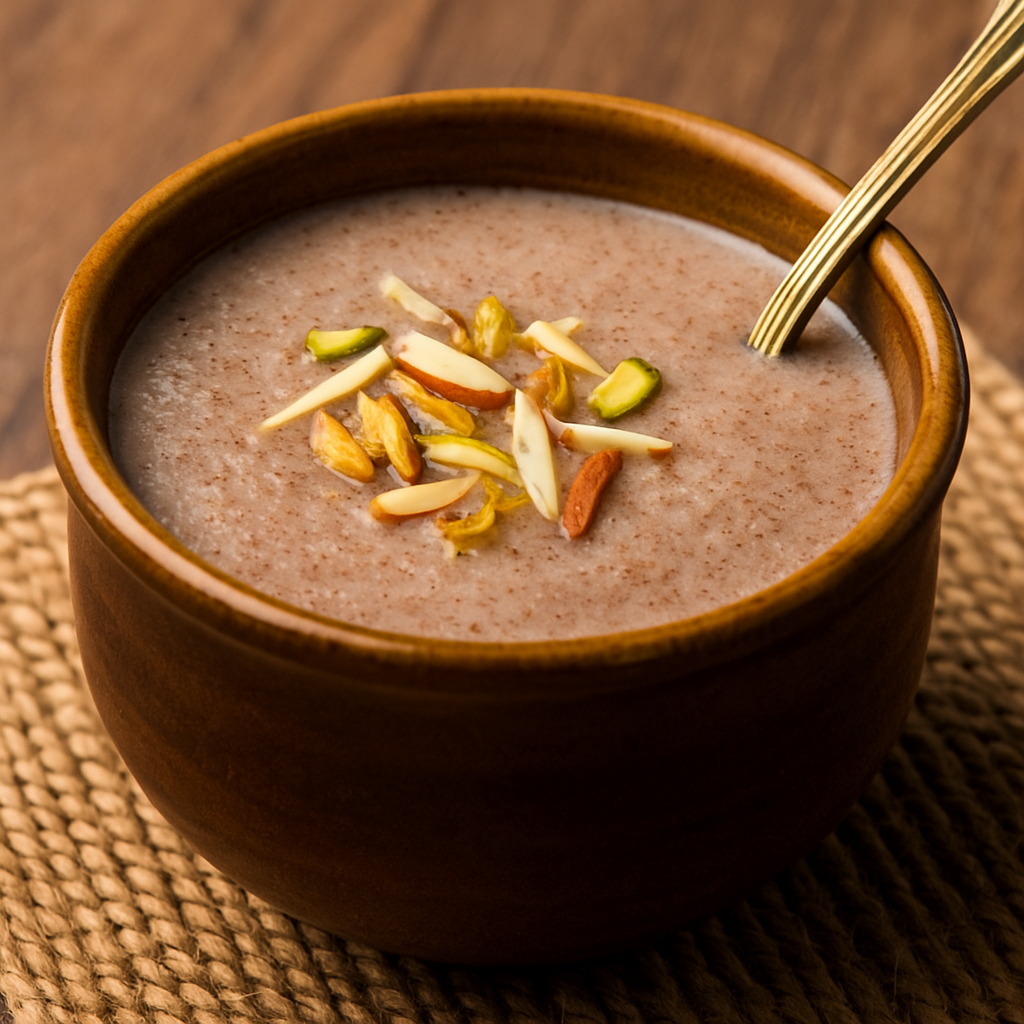 “Rustic bowl of creamy Ragi Porridge (Nachni Malt) garnished with nuts, served as a nutritious Indian breakfast for weight loss and diabetes management”