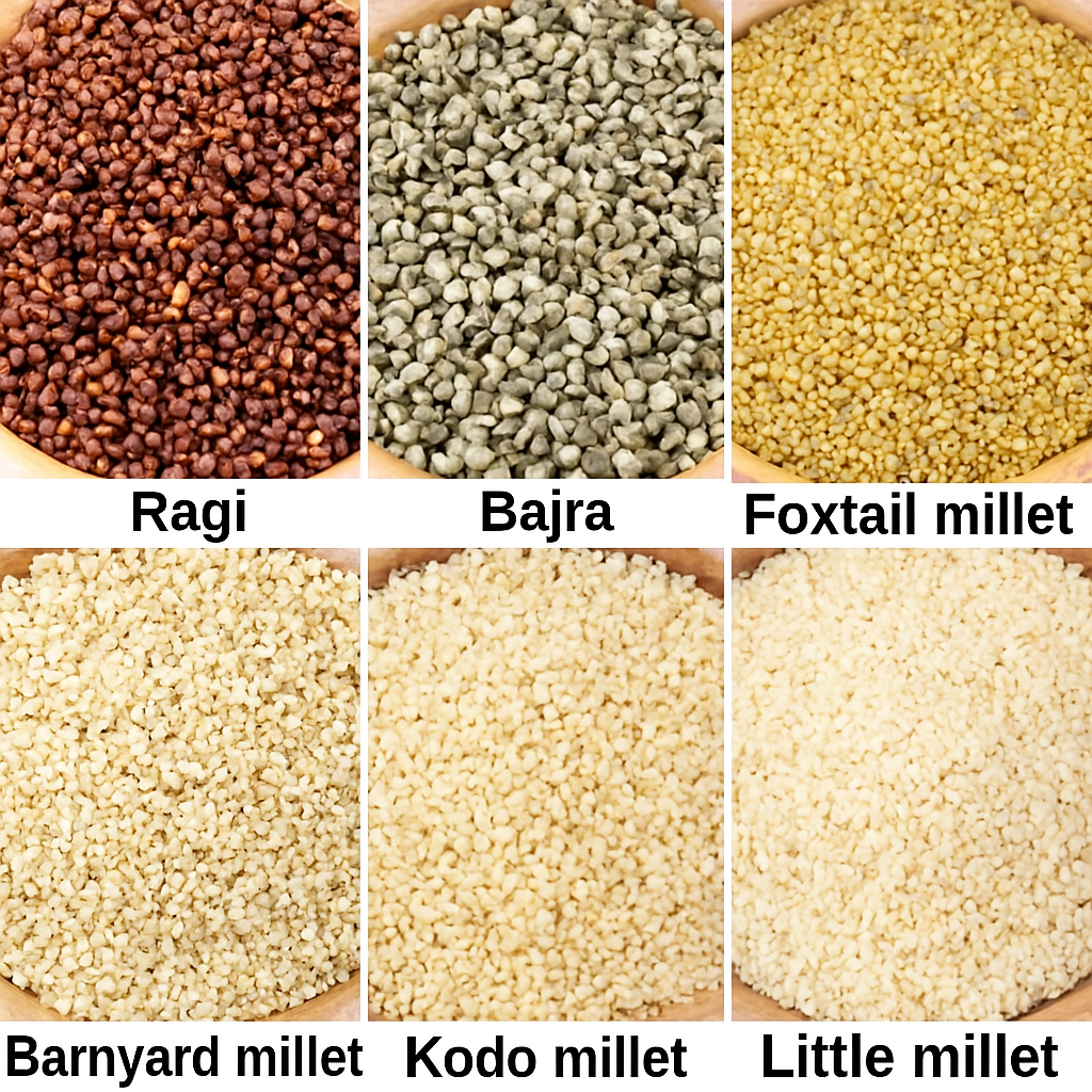 Six types of millet grains arranged in labeled containers: reddish-brown Ragi, greenish Bajra, golden Foxtail, off-white Barnyard, beige Kodo, and pale Little millet.