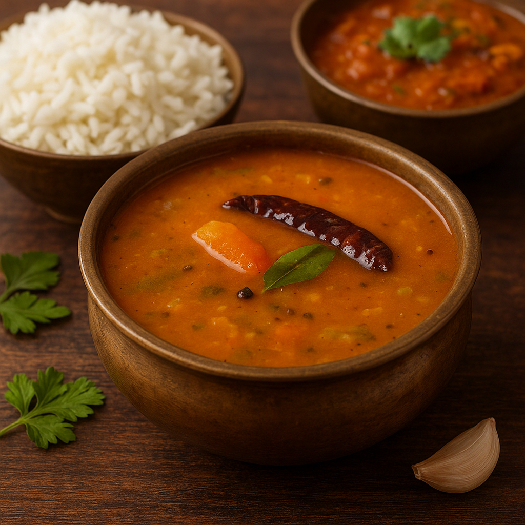 A traditional South Indian meal featuring a bowl of sambar with vegetables, garnished with a red chili and curry leaf, served alongside white rice and Chettinad-style curry on a wooden table.