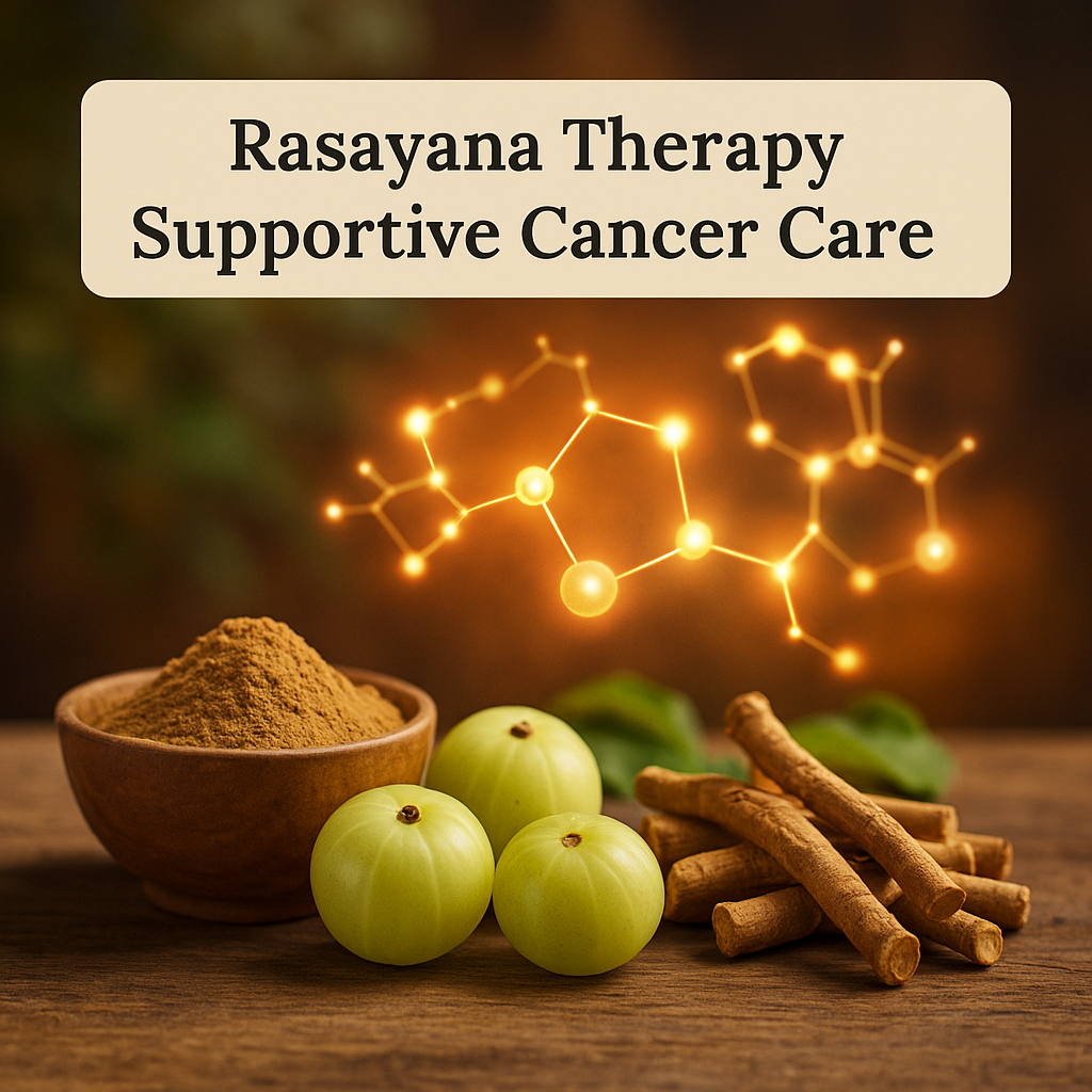 Realistic image of amla fruits, ashwagandha roots, and powdered Rasayana herbs with glowing molecular pathways in the background symbolizing rejuvenation and immune support.