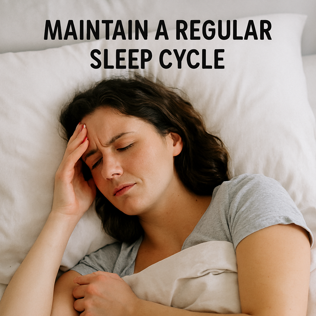A woman with dark wavy hair lies in bed with her hand on her temple, eyes closed and brow furrowed, suggesting migraine discomfort. Text above reads “Maintain a Regular Sleep Cycle.”