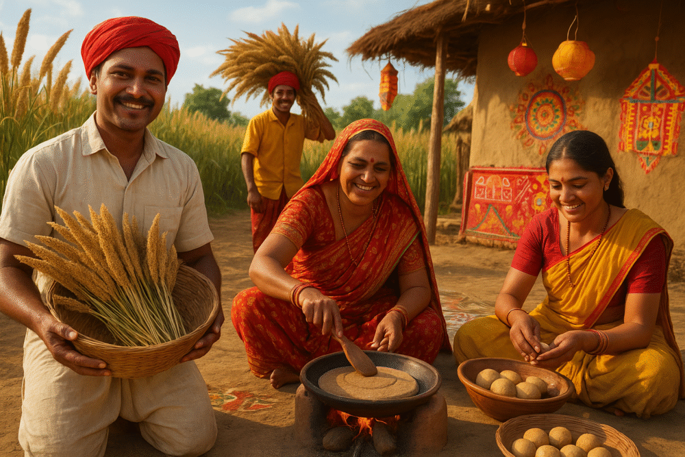 Indian farmers and women preparing traditional millet dishes in a rustic village setting, celebrating millet harvest with cultural decorations.