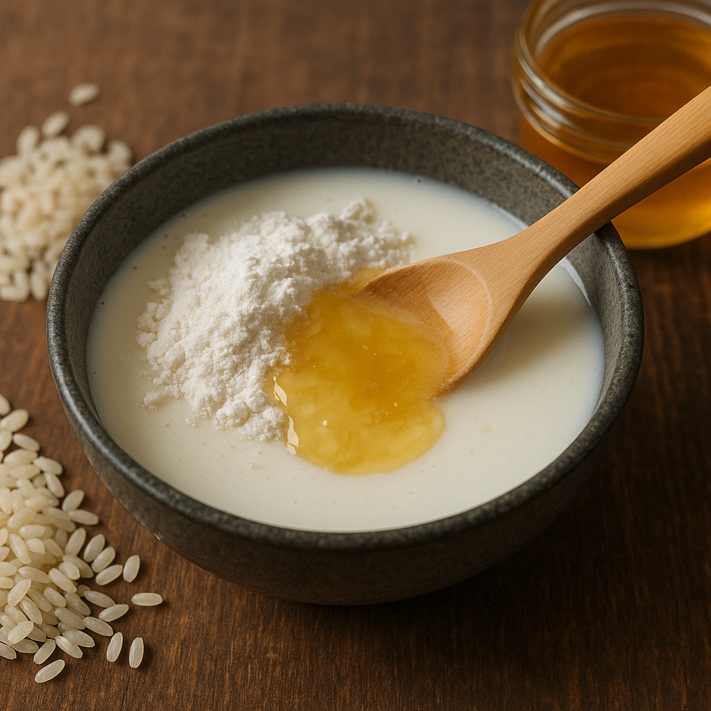 A bowl containing rice flour, milk, and honey being mixed with a wooden spoon