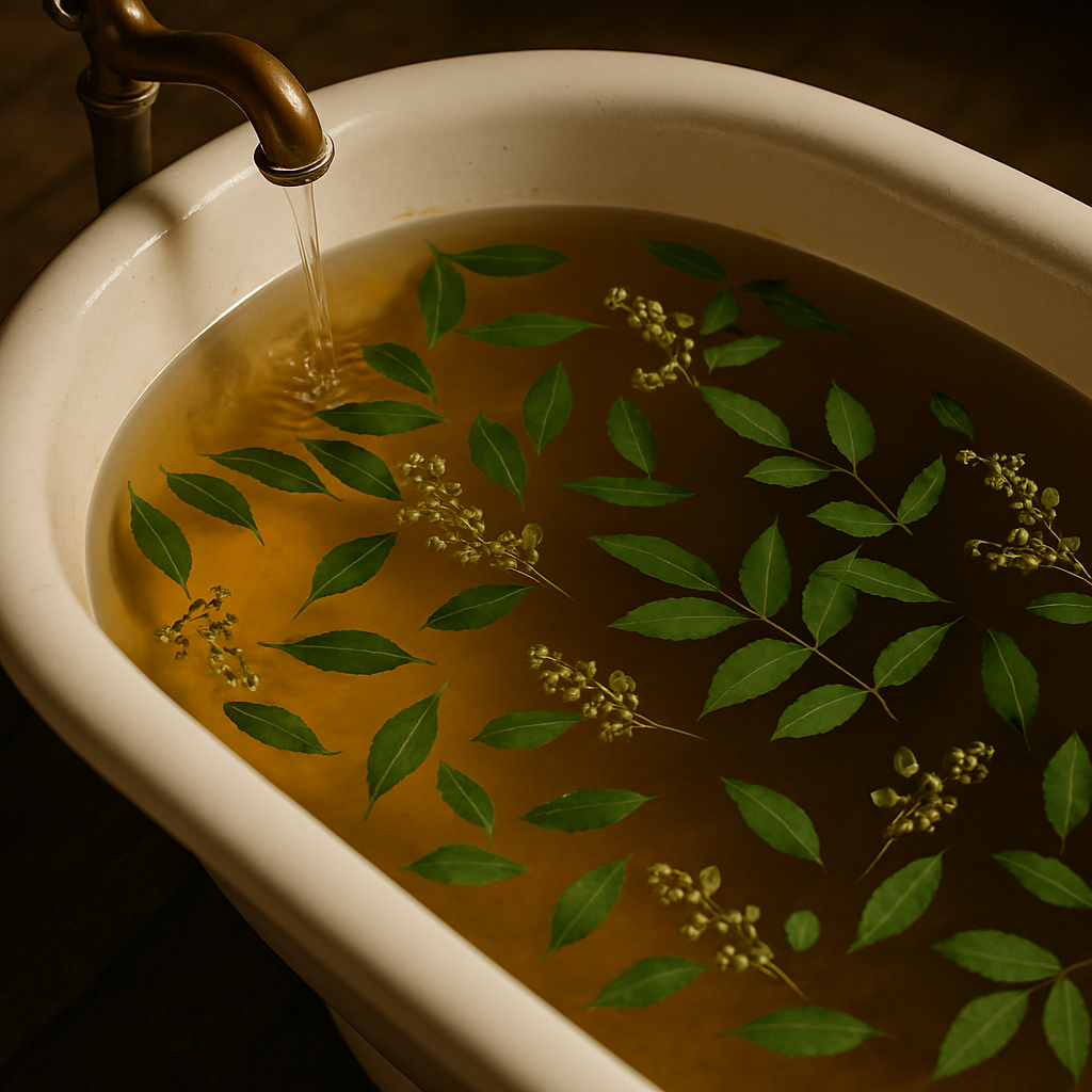 A white enamel bathtub filled with golden herbal water, floating neem leaves, tulsi sprigs, and tiny white blossoms, with a brass faucet pouring gently from above.