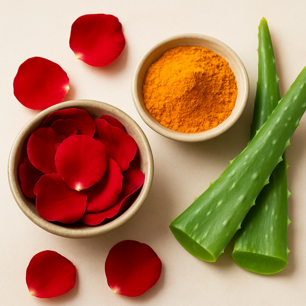Top-view of herbal remedies for dry lips showing a bowl of red rose petals, turmeric powder in a dish, and fresh aloe vera leaves on a beige background.