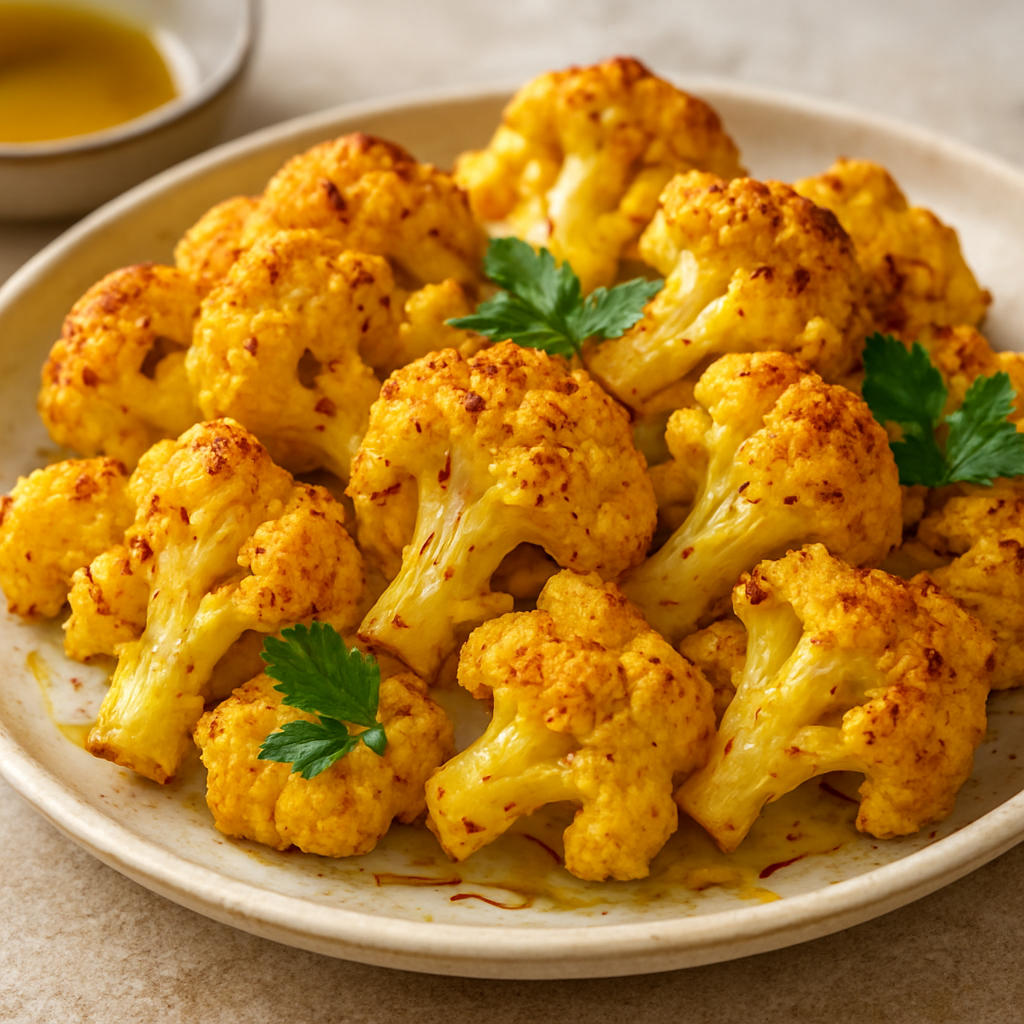 Plate of roasted cauliflower florets seasoned with saffron and drizzled with olive oil, garnished with fresh parsley.
