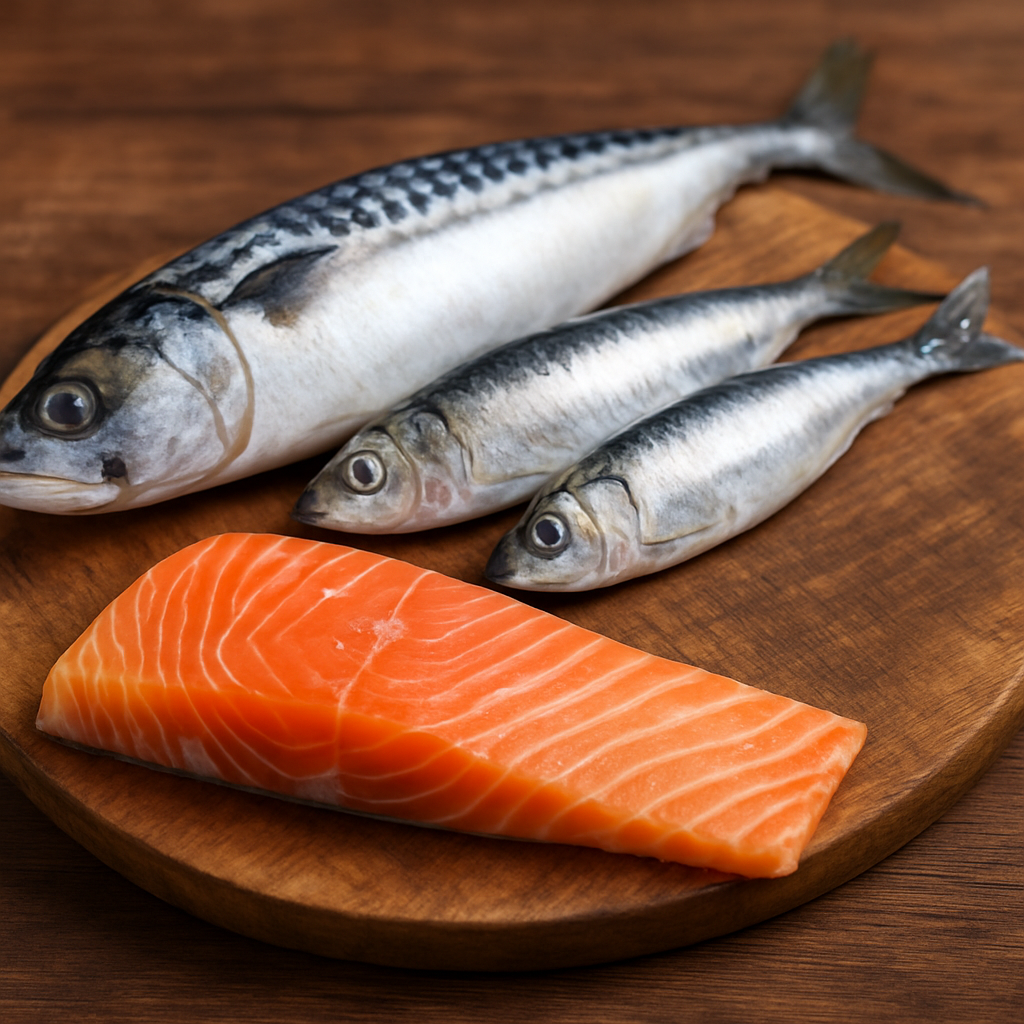 Realistic image of salmon fillet, mackerel, and sardines on a wooden board, showcasing oily fish rich in omega-3 fatty acids for skin health.
