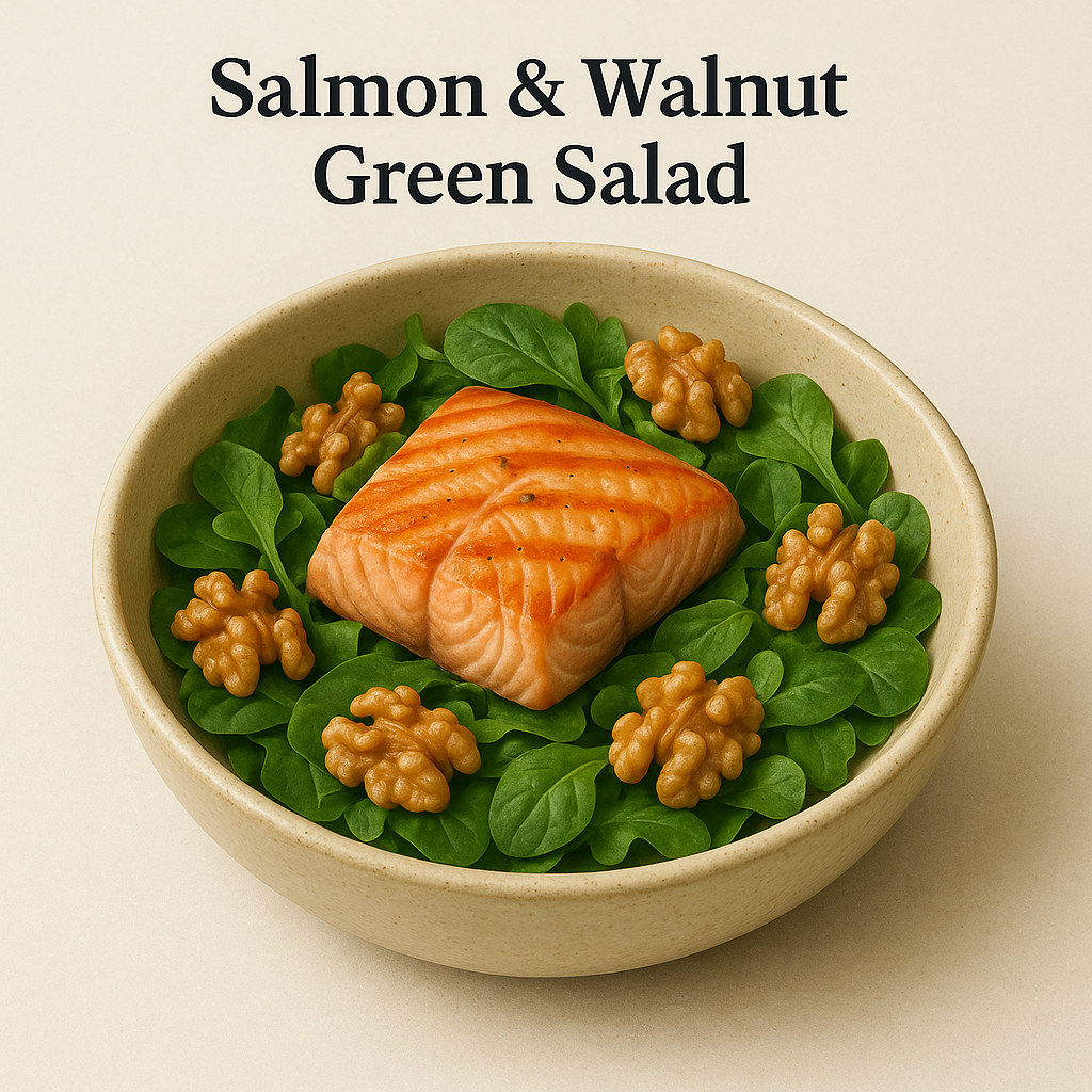 Realistic photo of a Salmon & Walnut Green Salad featuring grilled salmon fillet, leafy greens, and walnuts served in a ceramic bowl.