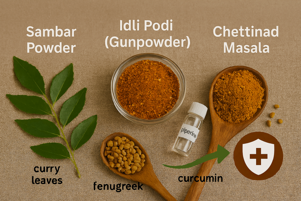 Flat-lay image of three glass bowls containing South Indian spice blends: orange Sambar Powder, deep reddish-brown Idli Podi (Gunpowder), and golden-brown Chettinad Masala. Set on beige woven fabric with labeled text above each bowl.