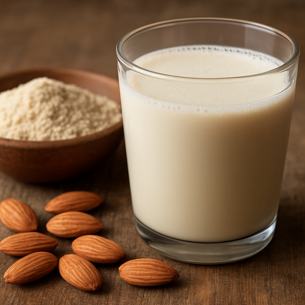glass of creamy almond milk placed on a wooden surface with a bowl of sattu flour and scattered almonds beside it