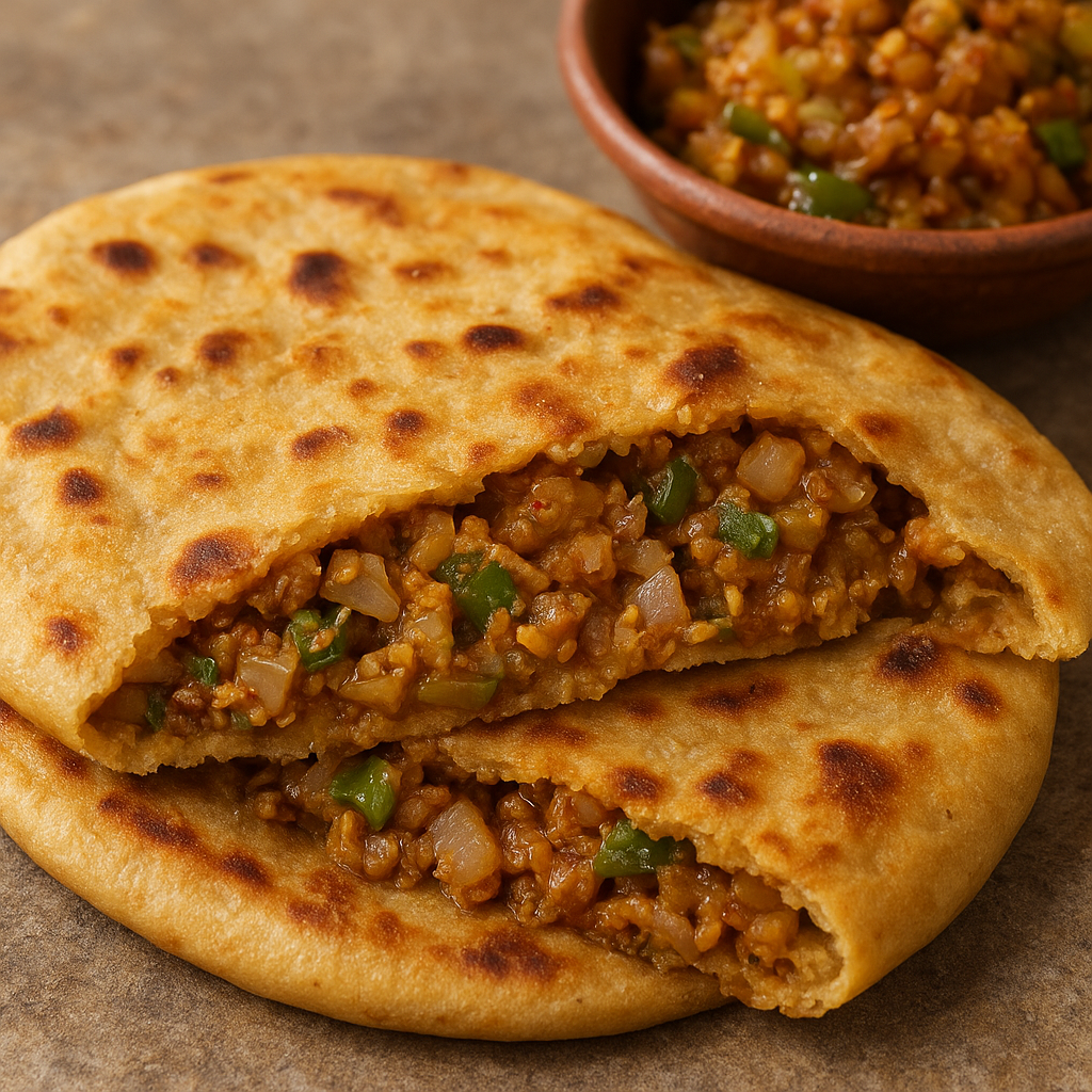 Close-up of a golden-brown sattu paratha cut open, showing a filling of onions, green chilies, spices, and herbs.