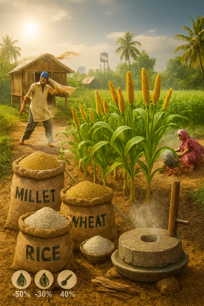 Realistic image of a small millet farm with sacks of millet, wheat, and rice side by side; a farmer struggles against wind, a woman cooks with traditional clay pots, and old grain storage and grinding tools highlight adoption challenges despite visible signs of sustainability like green fields and solar panels.