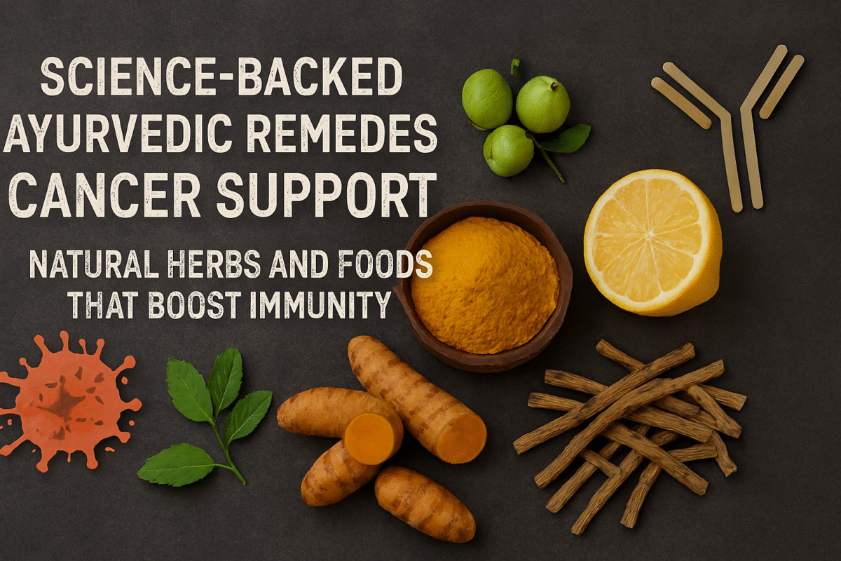 “Landscape flat lay of Ayurvedic herbs and foods including turmeric, tulsi, amla, lemon, garlic, and berries on a dark textured background, with bold white text highlighting cancer support and immunity-boosting benefits.”