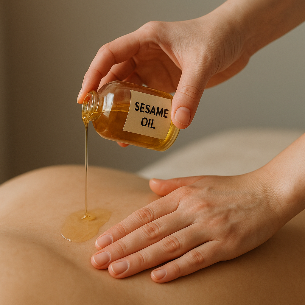 A close-up of sesame oil being poured onto the back during a massage