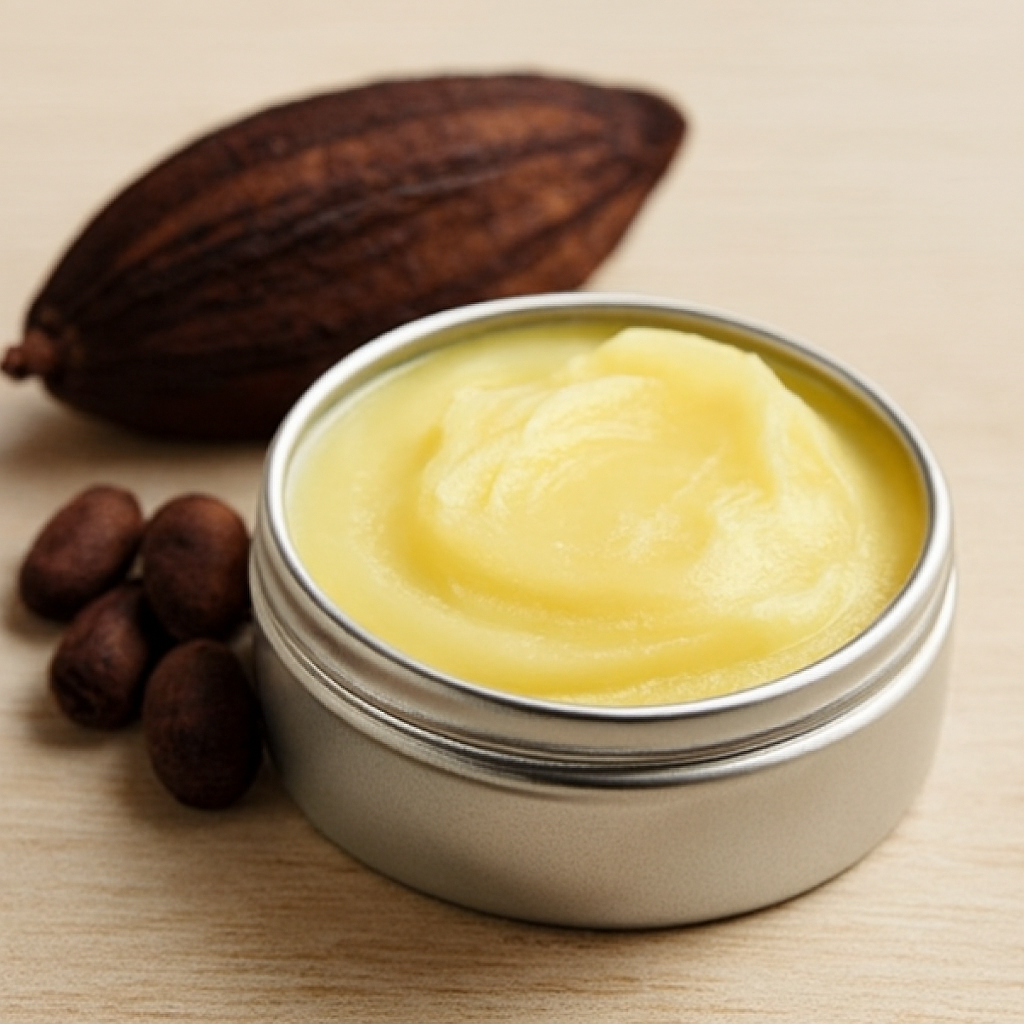 Open tin of creamy yellow cocoa butter balm beside a whole cocoa pod and cocoa beans on a light wooden surface.