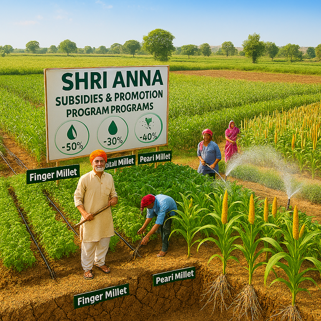 Realistic image of Indian farmers in traditional attire tending lush millet fields with drip and sprinkler irrigation; signboard promoting the Shri Anna subsidies and millet cultivation programs is visible, along with water-saving infographic icons and labeled millet varieties.