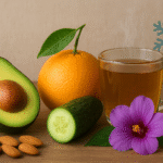 Realistic image of avocado, orange, cucumber, almonds, hibiscus flower, and herbal tea promoting skin hydration in winter.