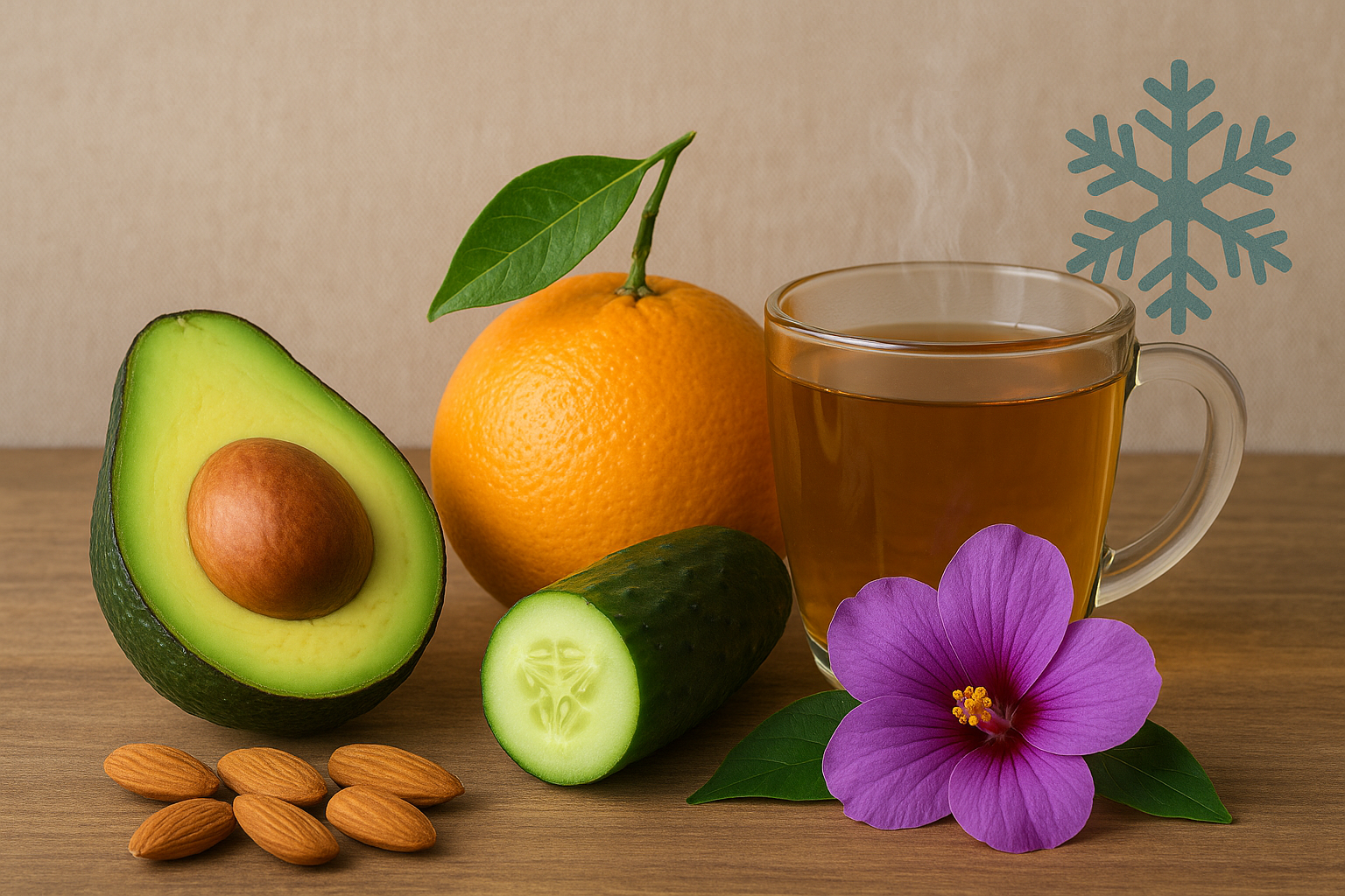 Realistic image of avocado, orange, cucumber, almonds, hibiscus flower, and herbal tea promoting skin hydration in winter.
