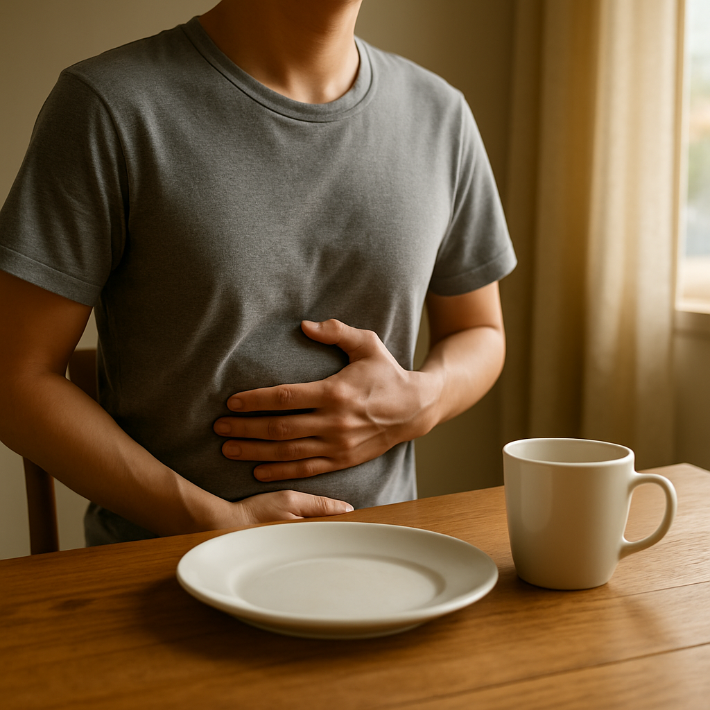 Person sitting at a breakfast table with an empty plate and cup, holding their stomach in discomfort—symbolizing skipping breakfast as a gastritis trigger.