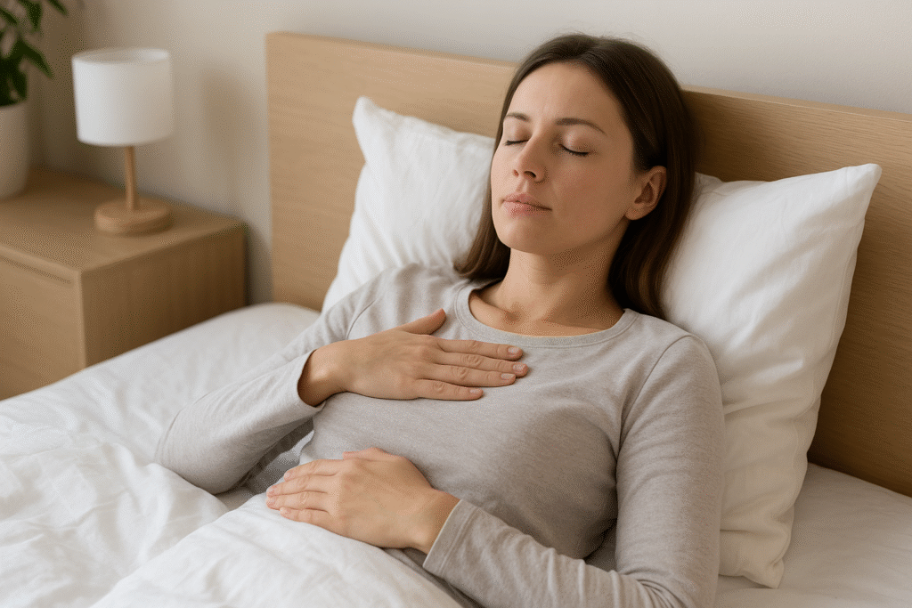 A woman resting calmly in bed with a relaxed expression, practicing stress management through restful sleep.