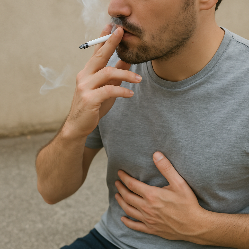 Man smoking a cigarette while holding his stomach, symbolizing the link between smoking and poor stomach health.