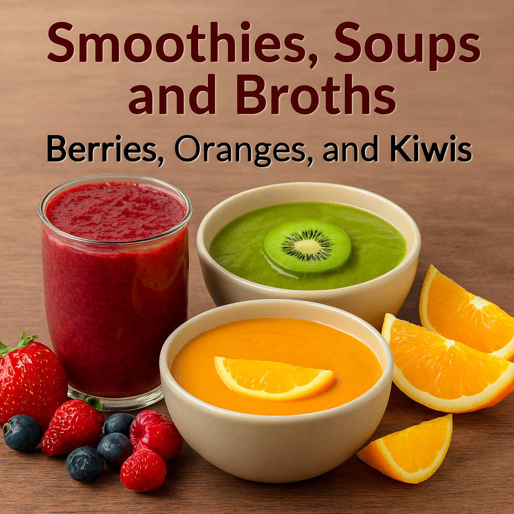 A berry smoothie in a glass, green kiwi soup, and orange soup in ceramic bowls are arranged on a rustic wooden surface alongside fresh strawberries, blueberries, raspberries, orange wedges, and a kiwi slice. Text above reads “Smoothies, Soups, and Broths – Berries, Oranges, and Kiwis.”
