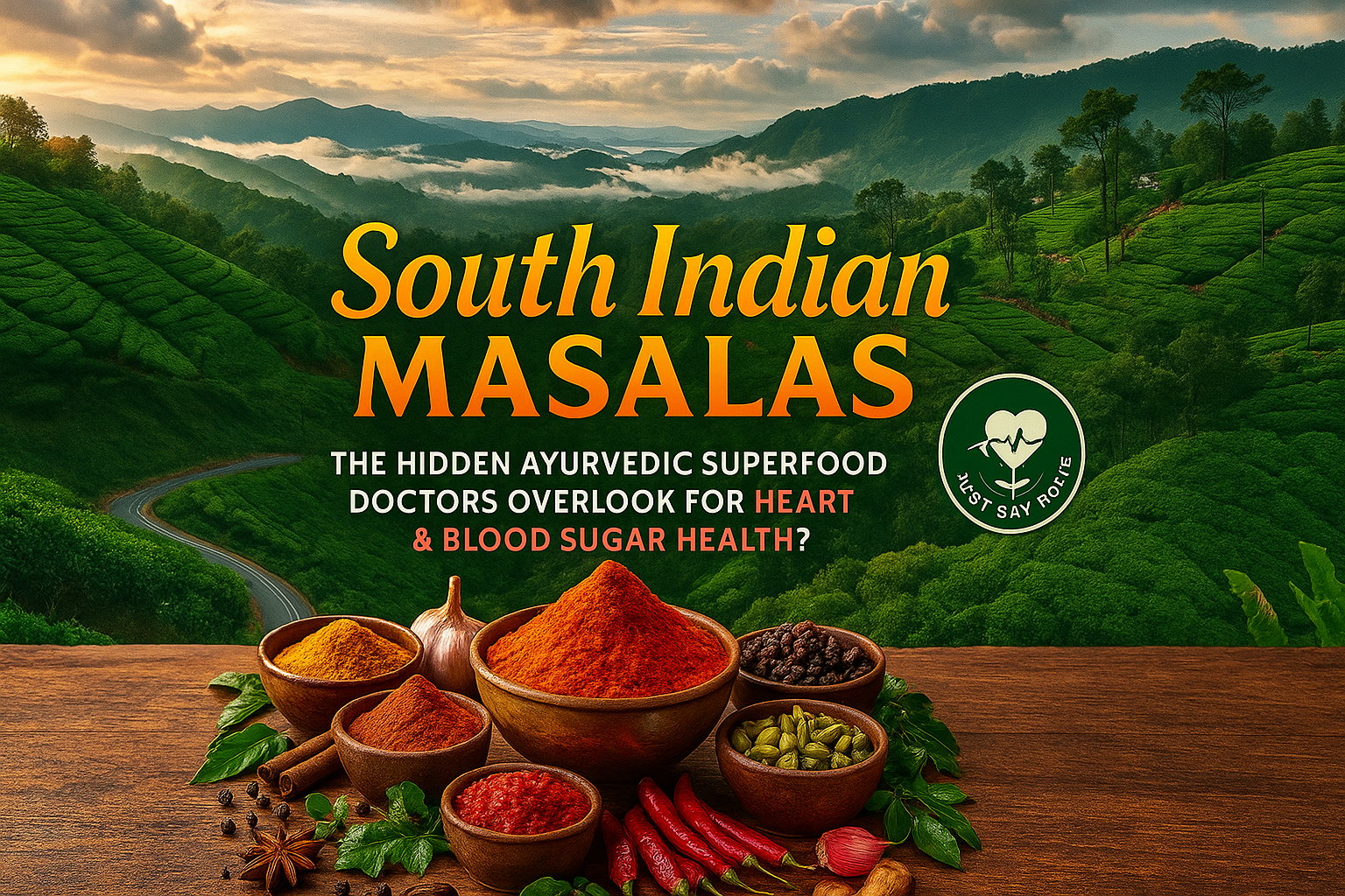 Bowls of vibrant South Indian spices including turmeric, red chili, and peppercorns placed on a wooden surface with lush green tea plantations and misty mountains in the background.